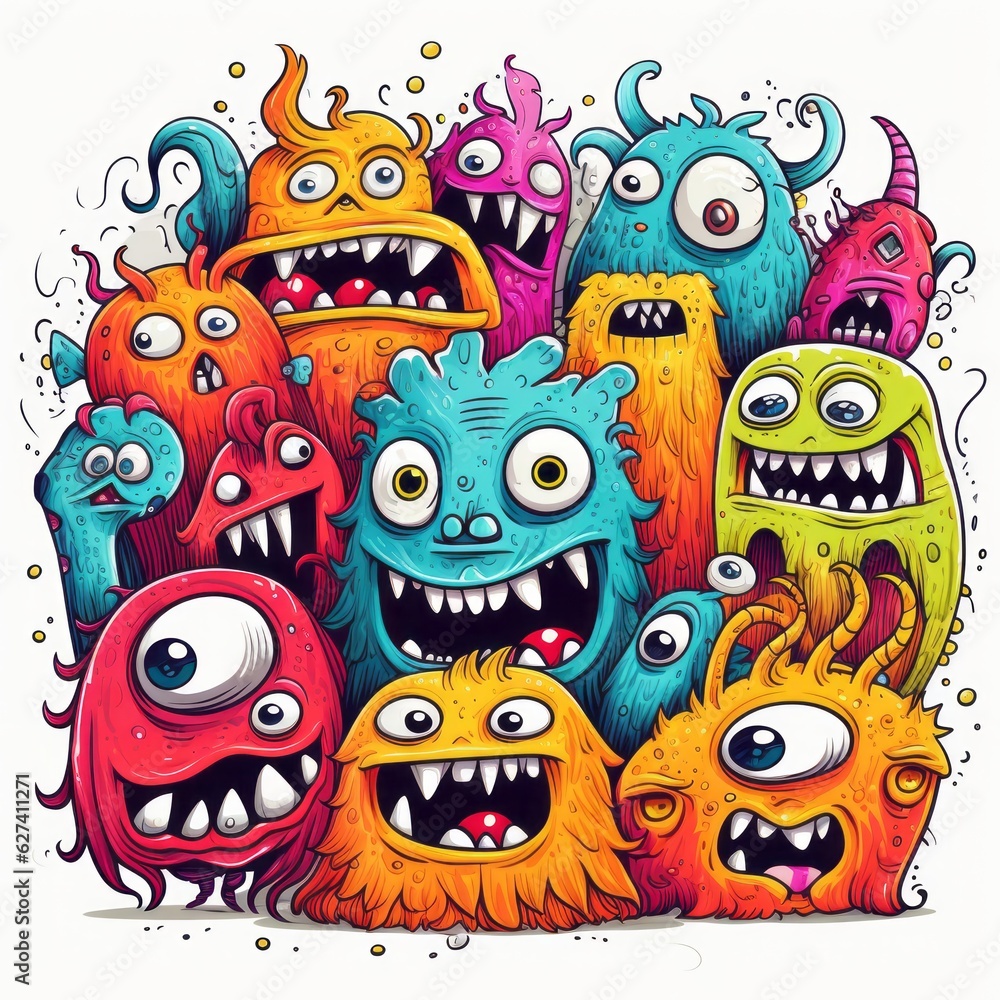 Obraz premium Playful doodle monsters unite in a colorful icon, Generative AI.
