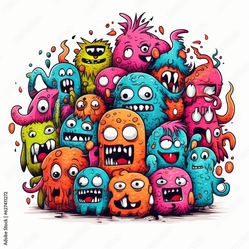 Playful doodle monsters unite in a colorful icon, Generative AI. Playful doodle monsters unite in a colorful icon, Generative AI.
