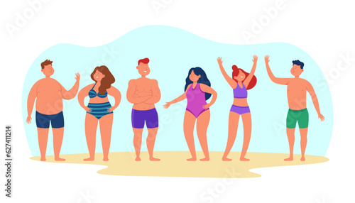 Happy people of different body types in swimwear. Cartoon men and women in swimming suits  muscular and slim people vector illustration. Beauty  body positivity  anatomy concept
