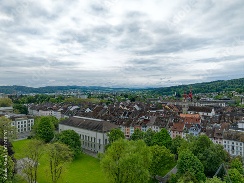 Aerial view of Swiss City of Winterthur with the old town on a cloudy spring morning. Photo taken May 17th, 2023, Winterthur, Switzerland.