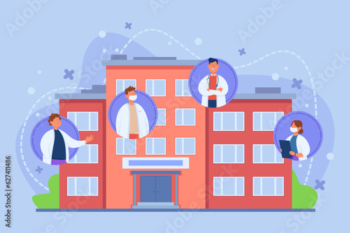 Hospital building and doctors in circles vector illustration. Cartoon drawing of clinic facade or health care facility with medical staff or specialists. Medicine, healthcare, treatment concept