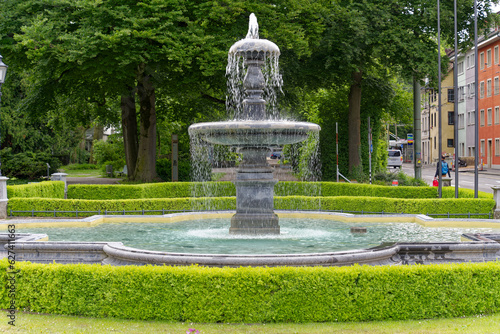 Fountain in front of city hall at Swiss City of Winterthur on a cloudy spring day. Photo taken May 17th, 2023, Winterthur, Switzerland.
