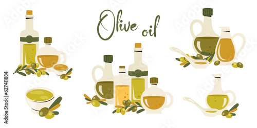 Set of glass olive oil bottles. Pitcher and corked bottle of extra virgin olive oil, branch of olive trees, leaves. Kitchenware, cooking concept. Healthy organic food. Vector flat illustration