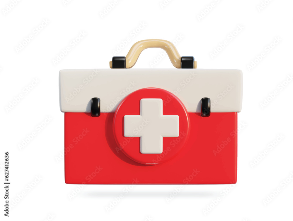 Obraz premium First aid kit, ambulance emergency box, medical help suitcase. Healthcare, emergency concept. 3d vector