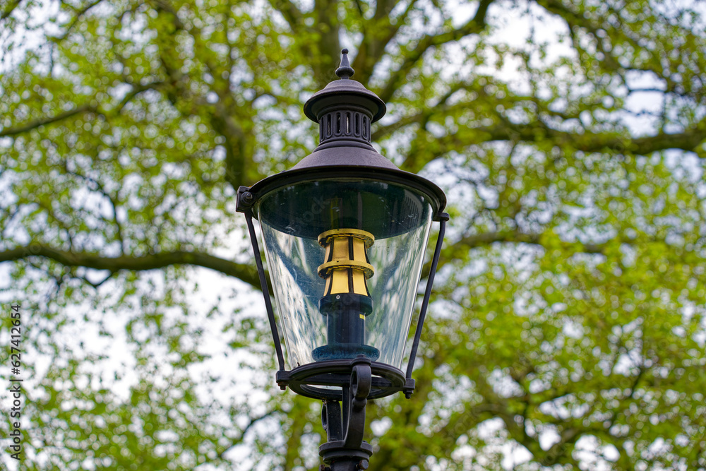 Close-up of black lantern at public park at Swiss City of Winterthur on a cloudy spring day. Photo taken May 17th, 2023, Winterthur, Switzerland.