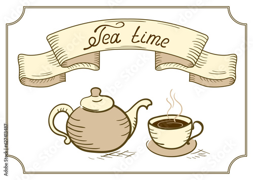Design signboard for cafe or restaurant with retro ribbon, tea cup, kettle and headline in style hand drawing and handwriting