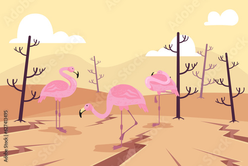 Flamingo lagoon dried up due to heat vector illustration. Flamingos on dry ground with cracks, global warming affecting natural habitat of animals. Nature, ecology, drought, climate change concept