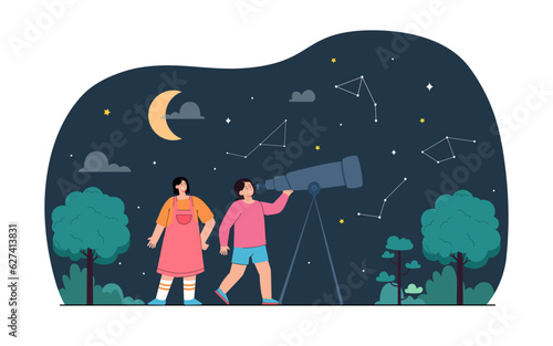 Happy friends looking at stars at night vector illustration. Girls stargazing outdoors, using telescope, learning astronomy and watching stars fall. Astronomy, science, imagination concept
