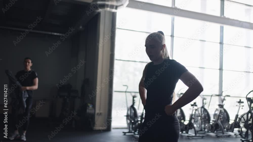 custom made wallpaper toronto digitalExhausted Women Friends After Fitness Workout In Gym, Resting, Breathing Hard And Laughing