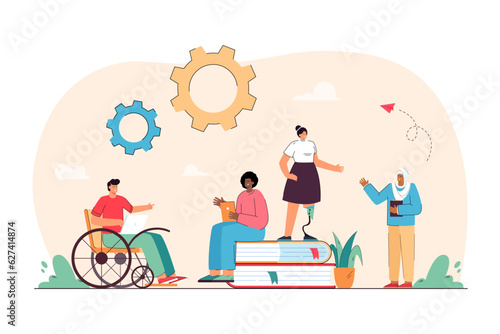 Diverse students studying together vector illustration. African American, Muslim people and workers with disability working in group, using gadgets and books. Diversity, teamwork, inclusion concept