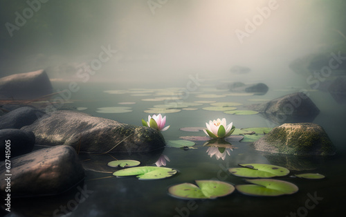 Tela there is a small pond with water lillies and rocks in it