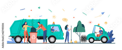Happy volunteers cleaning city vector illustration. People sweeping and collecting garbage in bins and truck while janitor driving street sweeper car. Public sector work, ecology concept