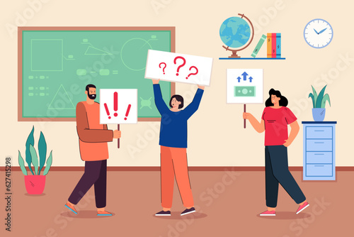 Angry teachers protesting at school vector illustration. Drawing of educators protest against poor working conditions, low salary, people with placards. Workforce, labor crisis, education concept