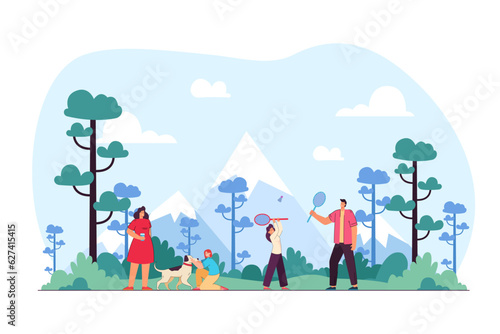 Happy family having fun together in nature vector illustration. Drawing of quality time in park, father and daughter playing badminton, girl with dog. Family, recreation, outdoor activity concept