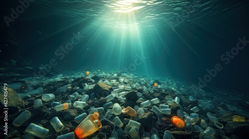 Ocean pollution concept. Ocean pollution with plastic waste. Sea beach with ecological garbage. The global problem of the death of marine plants and animals. Made With Generative AI.