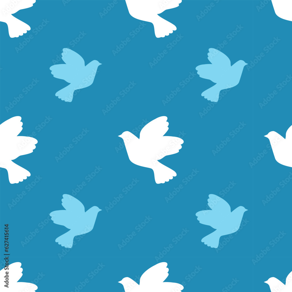 White and blue doves, seamless pattern, vector. White and blue doves on a blue background. White and blue doves, seamless pattern, vector. White and blue doves on a blue background.