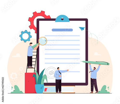 Lawyers inspecting license document vector illustration. Tiny businessman signing contract, reading terms and conditions with magnifier. Business, partnership, legislation concept