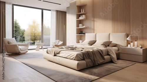 Interior of a modern bedroom in light colors with large windows