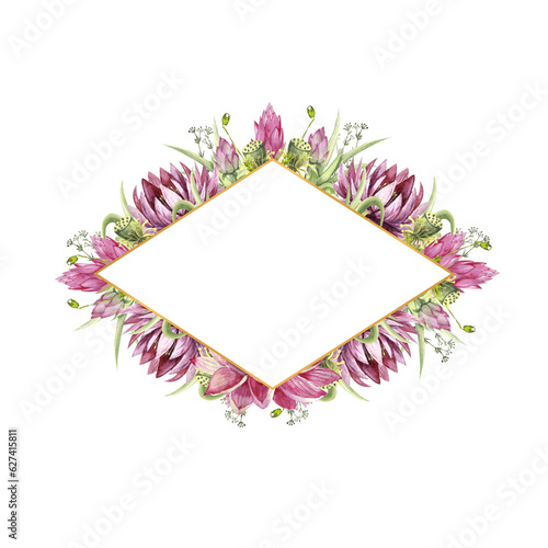 A diamond-shaped frame with flowers of water lilies and wild forest grasses. Watercolor illustration on a white background