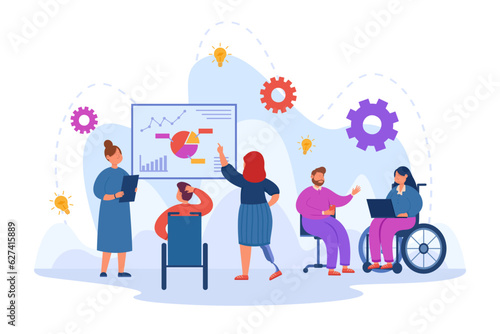 People with disabilities working in team vector illustration. Diverse coworkers analyzing charts, communicating, using laptops and smartphones. Diversity, teamwork, inclusion, business concept