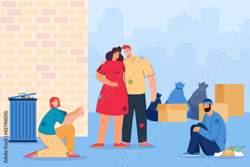 Homeless people suffering from hunger vector illustration. Cartoon drawing of man and women with no food or money, trashcan, unemployed beggars. Poverty, hunger, inflation, financial crisis concept