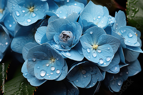 Blue hydrangea blossom with rain drops. Droplets Hydrangea flower blossom Blue Sky macrophylla, macro closeup.