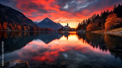 Fantastic autumn sunset of Hintersee lake Generative AI © Suleyman