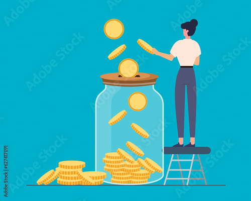 woman inserting cash into glass jar Woman Make Savings Finance Budget Economy