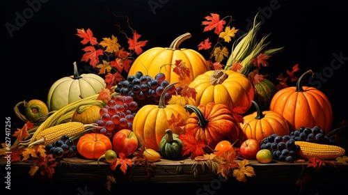 Thanksgiving pumpkins with fruits and falling leaves Generative AI