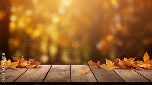 Wooden table with orange leaves autumn background Generative AI