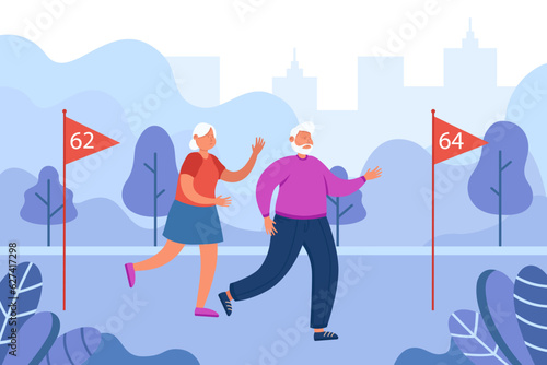 Sad old people running from 62 to 64 sign vector illustration. Cartoon drawing of elderly man and woman upset about government raising retirement age. Retirement, pension reform, law concept