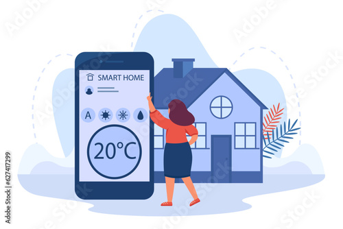 Woman managing house via huge smartphone vector illustration. Cartoon drawing of girl changing temperature at home using phone app, mobile application for smart house. Technology, automation concept