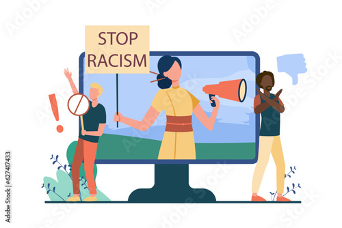People of different nationalities protesting against racism. Chinese woman on screen with placard and megaphone, controversial advertisement vector illustration. Racism, internet, marketing concept