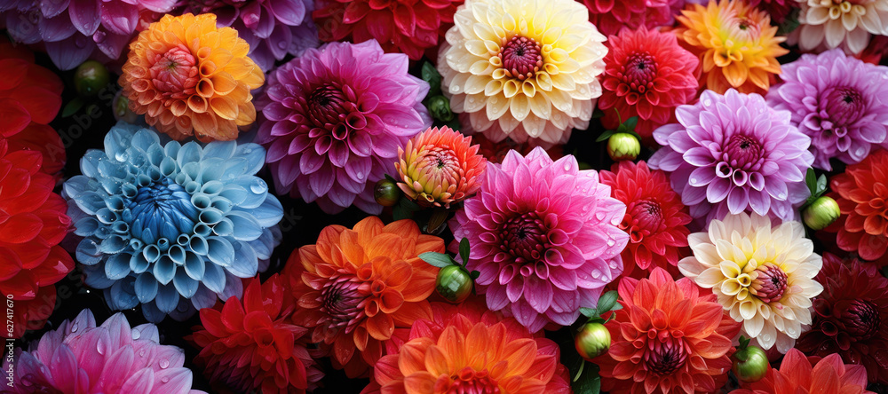 Dahlia Mix flowers with rain drops. Banner.
