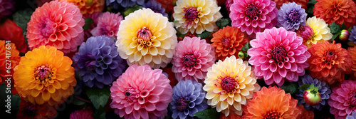 Panoramic Colorfully Dahlia Mix flowers background. Banner. © AI Exclusive 
