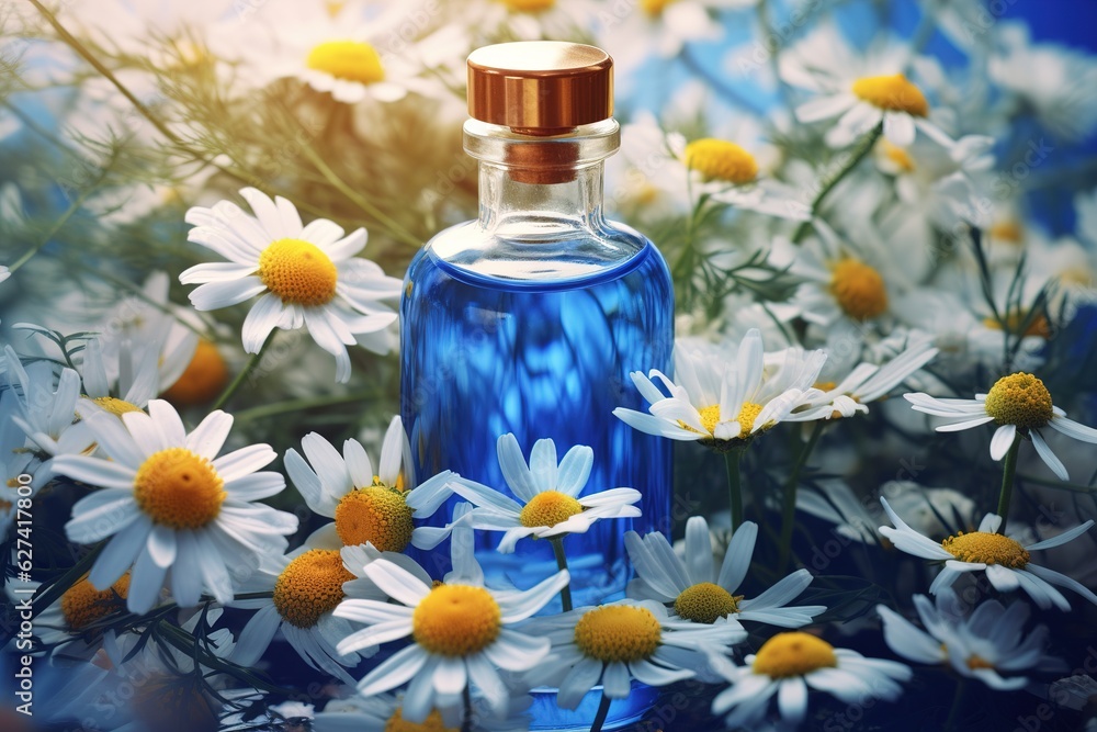 beautiful blue bottle with daisies. beautiful blue bottle with daisies.