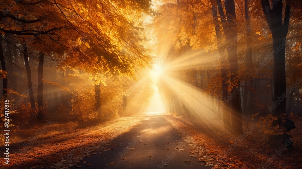Autumn Landscape. Fall Scene.Trees and Leaves in Sunlight Rays Generative AI