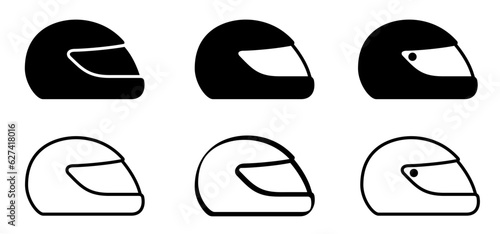 Cartoon face helmet icon. Vector line motorcycle or scooter helmet with visor and glasses symbol. Safety helmet sign. Helmets set. Construction helmet or crash helmet. Racing, motorbike or motor sport