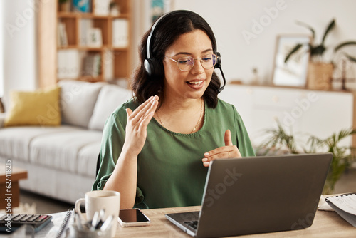 Home customer support, laptop video call and woman explain consultation, ecommerce or sales pitch in webinar. Freelance, remote work receptionist or person consulting on online conference discussion