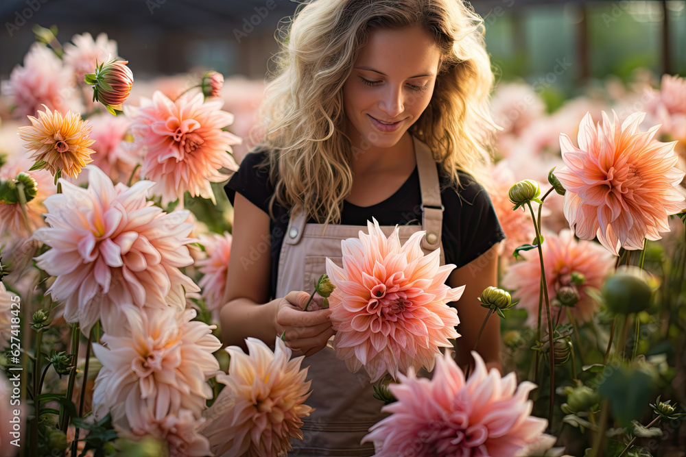 Dahlia flowers and young gardener woman in garden Dahlia flowers and young gardener woman in garden