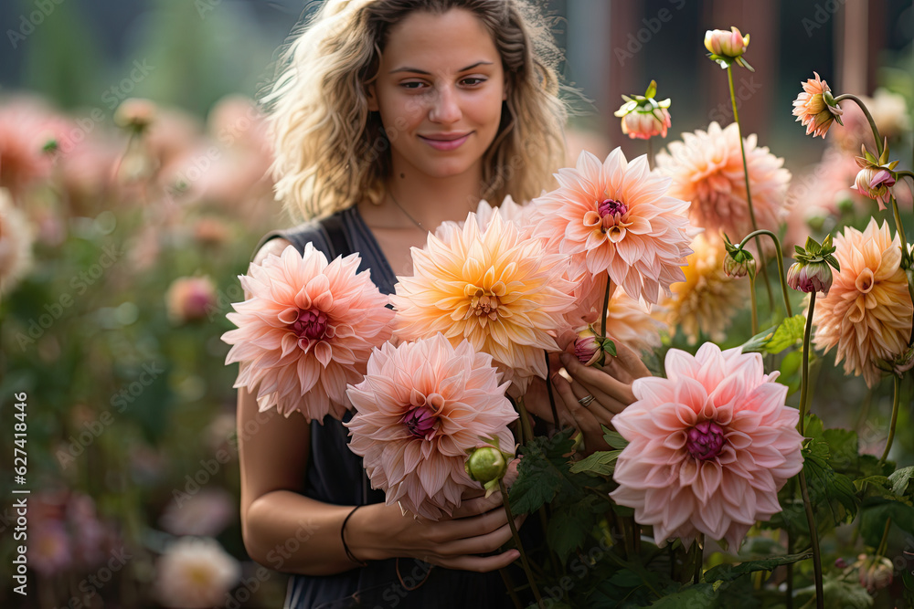 young gardener woman with Dahlia flowers in garden young gardener woman with Dahlia flowers in garden