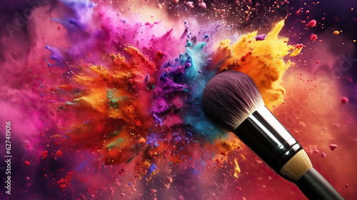A cosmetic brush in a colorful makeup powder. A color explosion.