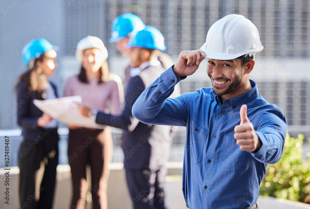 Businessman, architect and thumbs up in construction for winning, success or teamwork on site. Portrait of happy man or engineer smile with thumb emoji, yes sign or like for approval in architecture Businessman, architect and thumbs up in construction for winning, success or teamwork on site. Portrait of happy man or engineer smile with thumb emoji, yes sign or like for approval in architecture