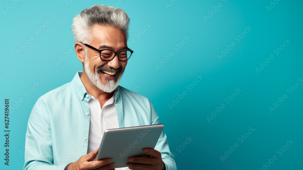 Modern senior asian man shopping online with a digital tablet; blue background with empty space for text Modern senior asian man shopping online with a digital tablet; blue background with empty space for text
