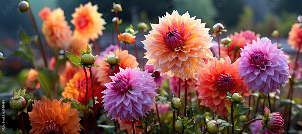Dahlia Mix flowers with rain drops, in rustic garden in sunset light background. Banner. Panoramic. Dahlia Mix flowers with rain drops, in rustic garden in sunset light background. Banner. Panoramic.