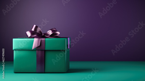 Gift box on a green table on a vivid purple background with empty space for text 