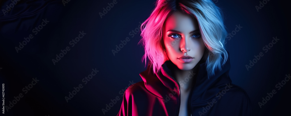 Portrait of young woman in neon on dark studio background; cyber monday concept; background with empty space for text Portrait of young woman in neon on dark studio background; cyber monday concept; background with empty space for text