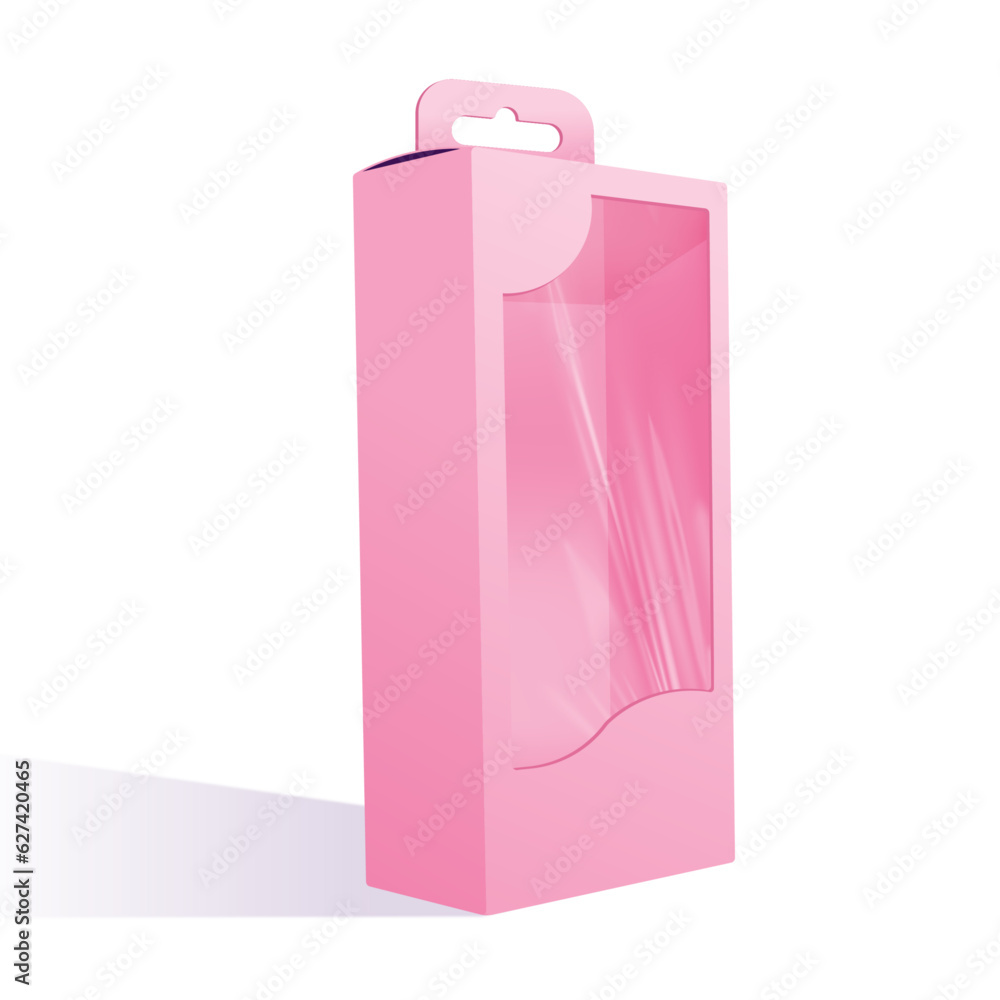 © iamjademade - Cute pink toy doll box with plastic film clear window 3D vector illustration on a white background