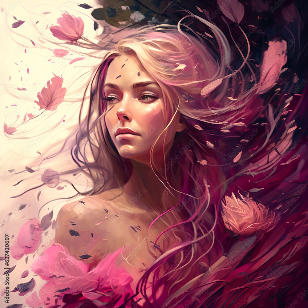 Girl with flowing hair in a pink summer breeze. Flower petals and vines Generative AI