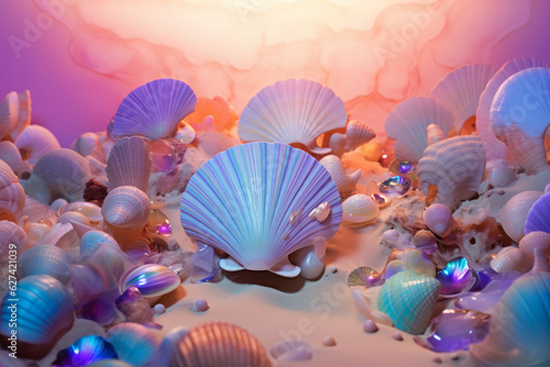 Seashells on abstract spectrum neon colors. Summer trendy colorful concept. Iridescent, holographic gradient, soft pastel colors backdrop. Generative AI.